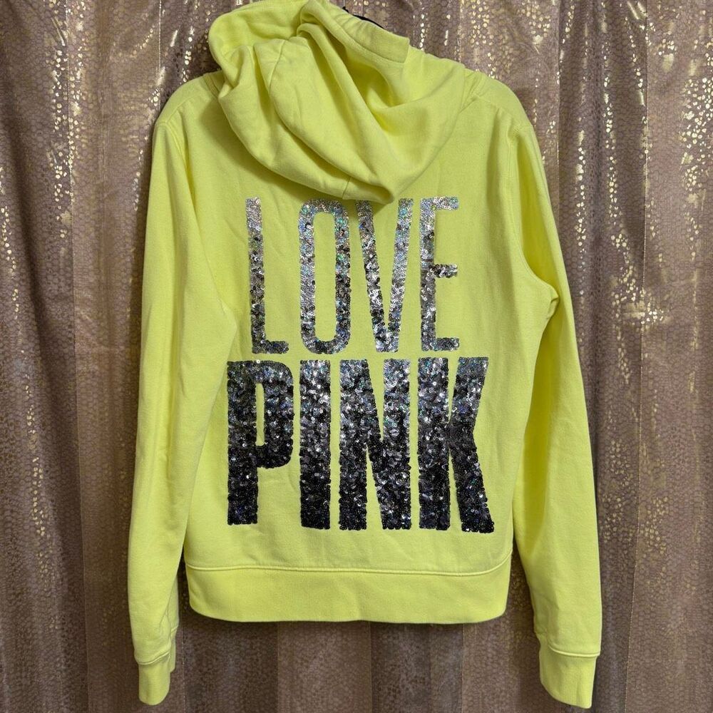 Victorias Secret Y2K PINK Neon Yellow Sparkly Sequin Bling Logo Hoodie Large